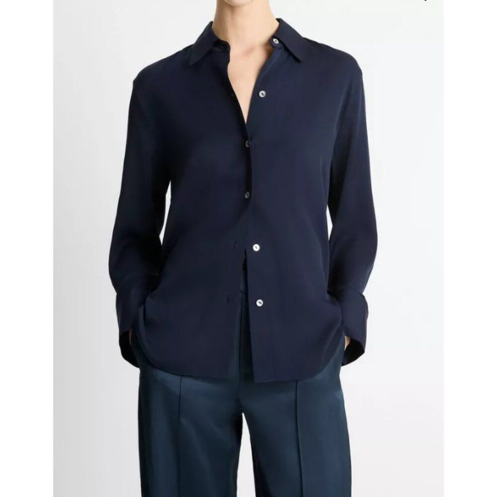 NWT Vince Stretch-Silk Button-Front Blouse in Costal Blue - Picture 3 of 7